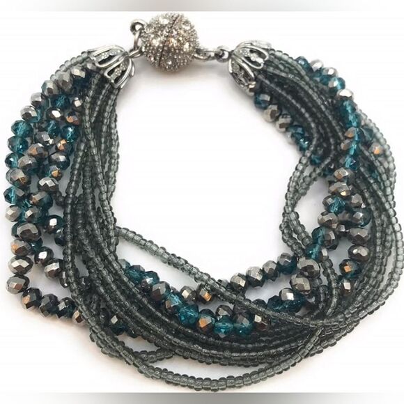 🩵Premier "Seaside" Teal & Gray Multistrand Beaded Magnetic Bracelet - Picture 1 of 11